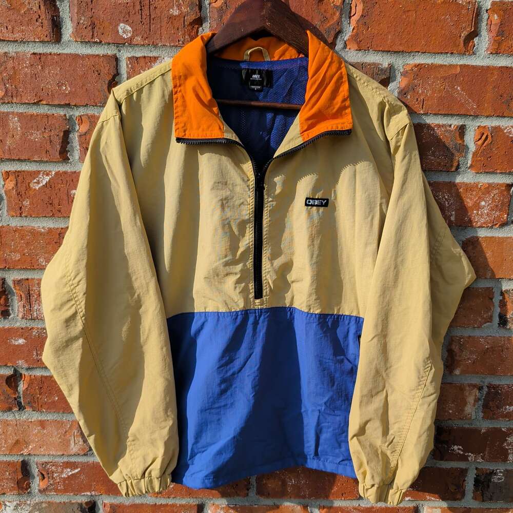 Obey Worldwide Anorak Jacket Mens S Yellow Blue Orange Colorblock Nylon